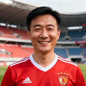 一位30岁左右的中国男性球迷头像照片，穿着红色足球队服，面带微笑，背景是球场看台，光线自然柔和