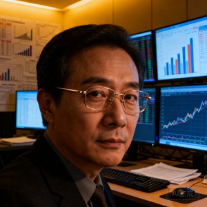 一位40岁男性数据分析师头像照片，戴着眼镜，表情专注，背景是充满数据图表显示器的分析工作室，暖色调灯光